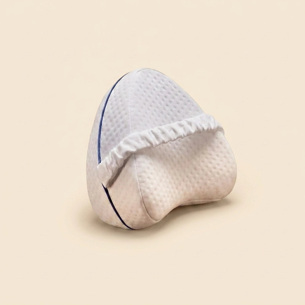 Coussin de genou ergonomique à mémoire de forme Velmi avec sangle ajustable, vue de trois quarts.