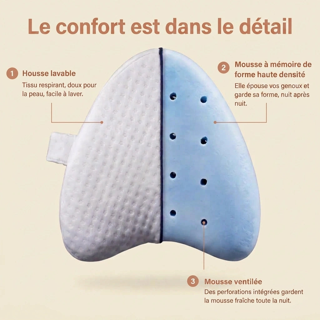 Vue en coupe du coussin de genou Velmi : housse lavable, mousse à mémoire de forme haute densité et perforations de ventilation.