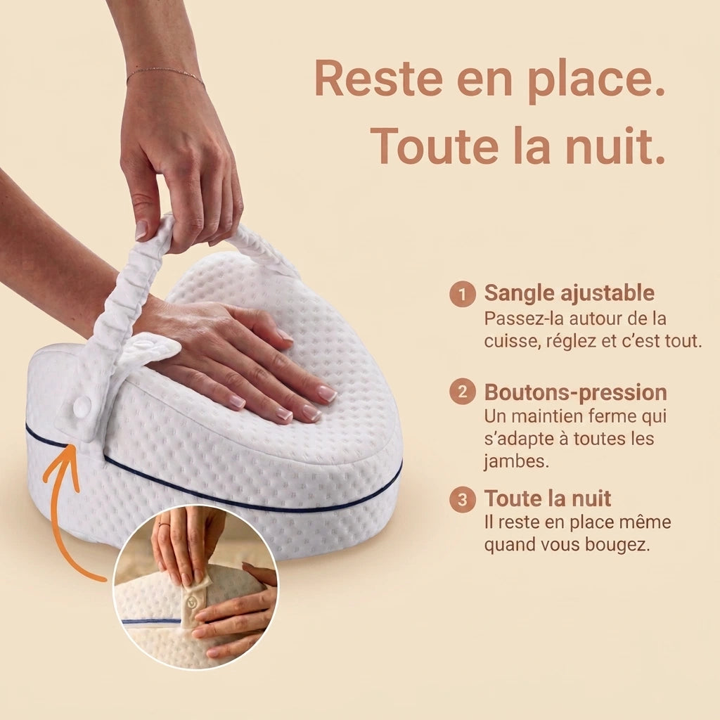 Main réglant la sangle ajustable à bouton-pression du coussin de genou Velmi pour qu'il reste en place toute la nuit.