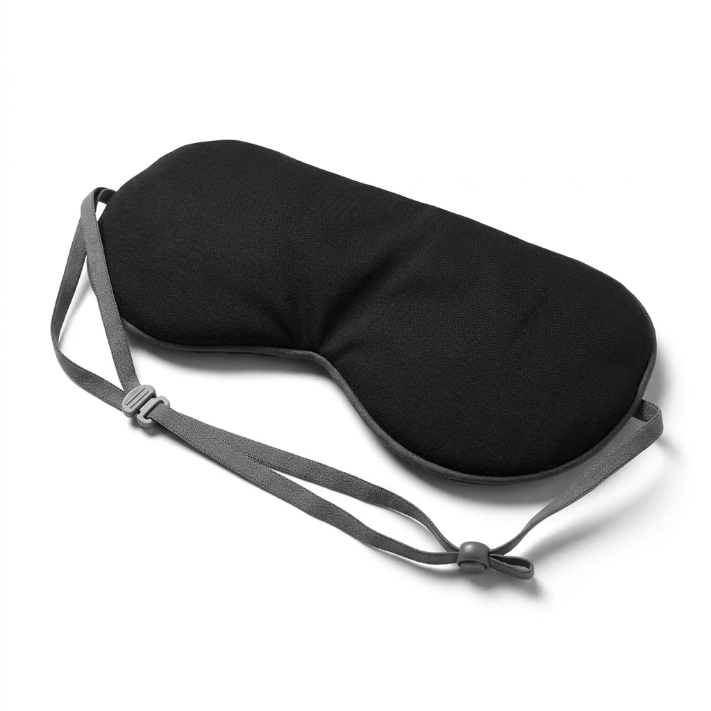 Masque de nuit occultant noir Velmi avec bandeau élastique gris ajustable, sur fond blanc.