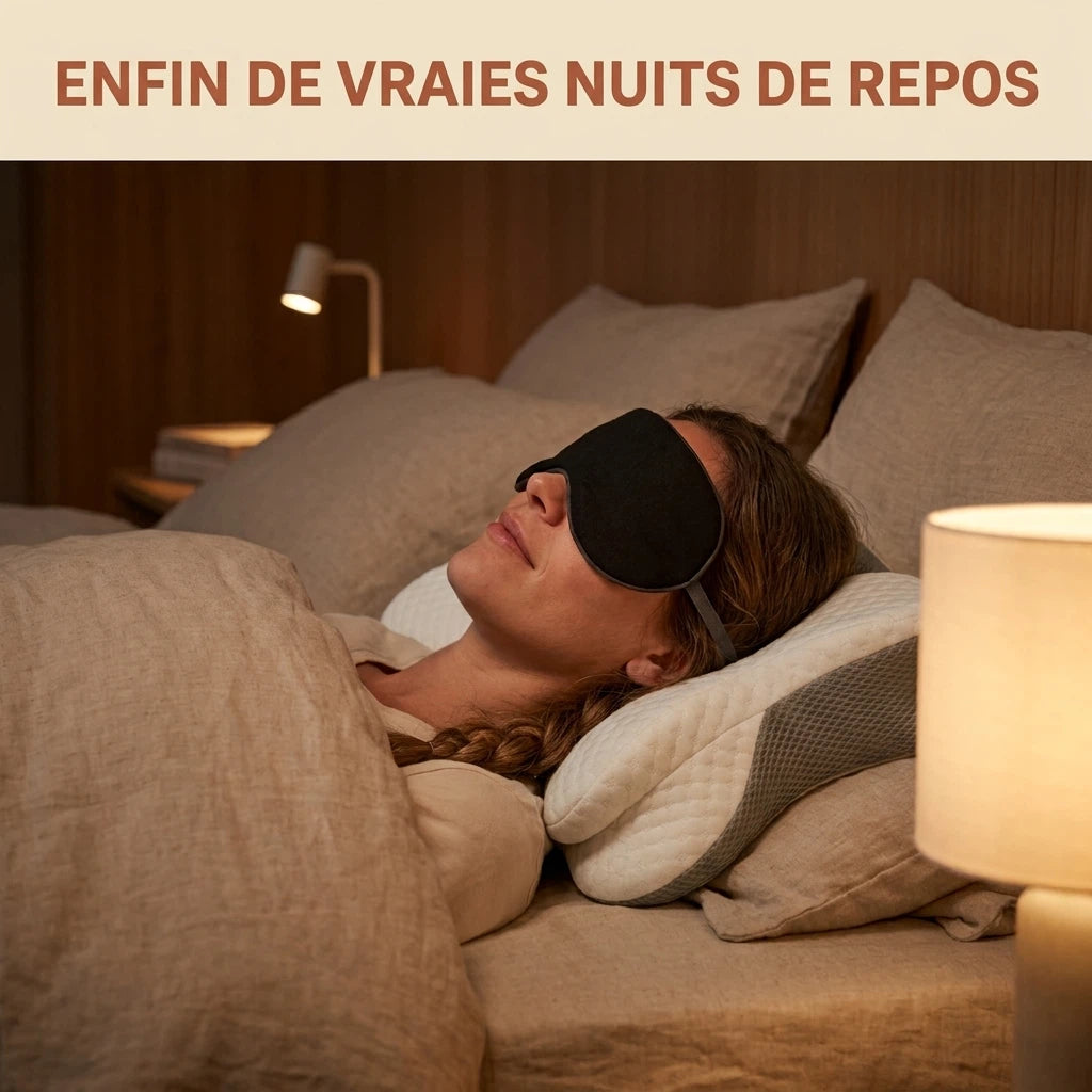 Femme dormant avec un masque de nuit occultant noir Velmi dans une chambre à la lumière tamisée.