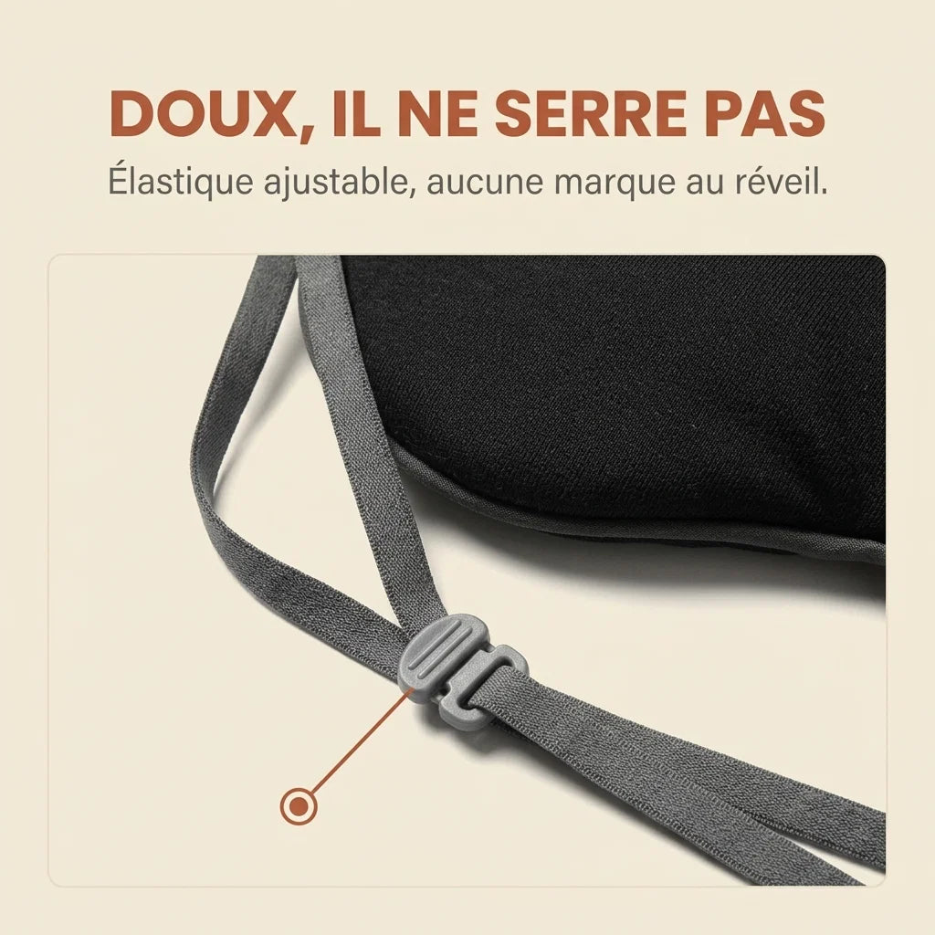 Gros plan sur l'élastique ajustable du masque de nuit occultant Velmi, doux et sans marque au réveil.