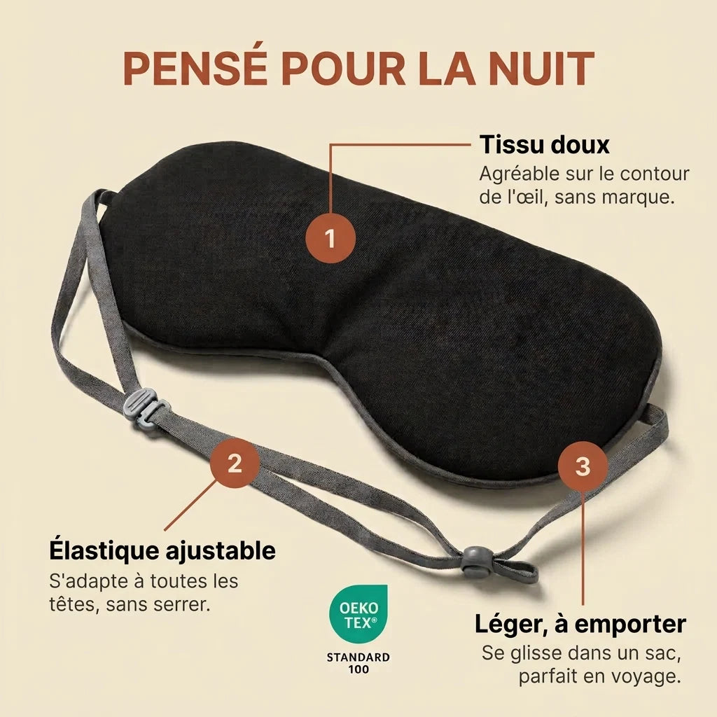 Masque de nuit occultant Velmi : tissu doux, élastique ajustable, léger, certifié OEKO-TEX.