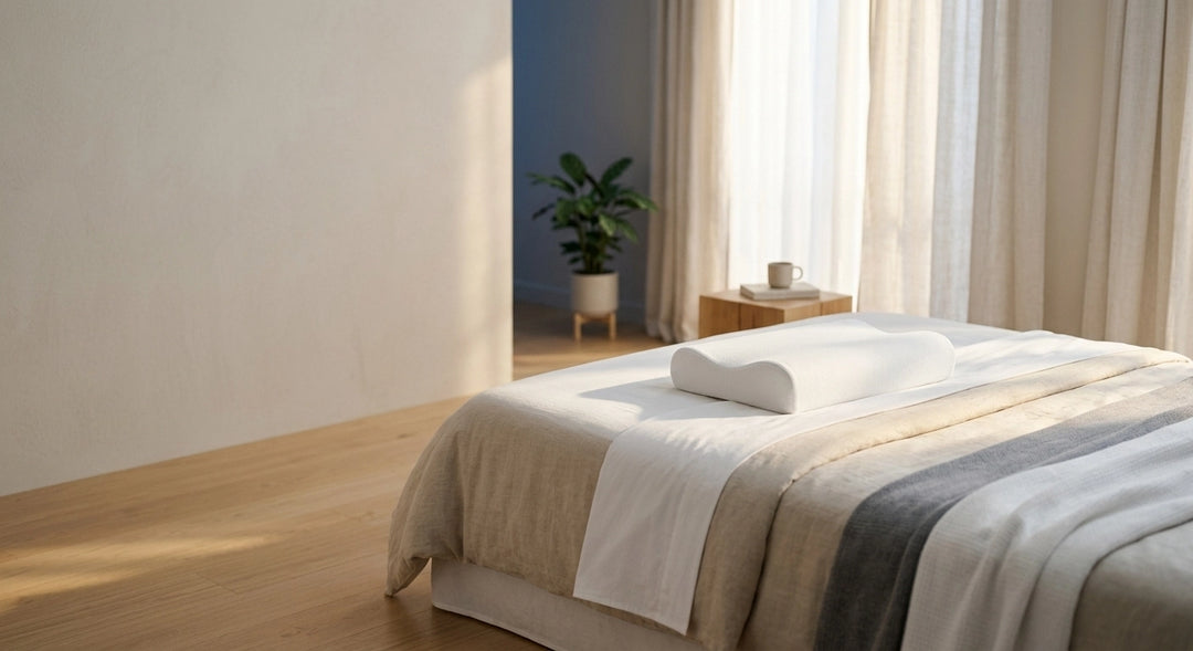 Oreiller cervical à mémoire de forme Velmi sur un lit lumineux