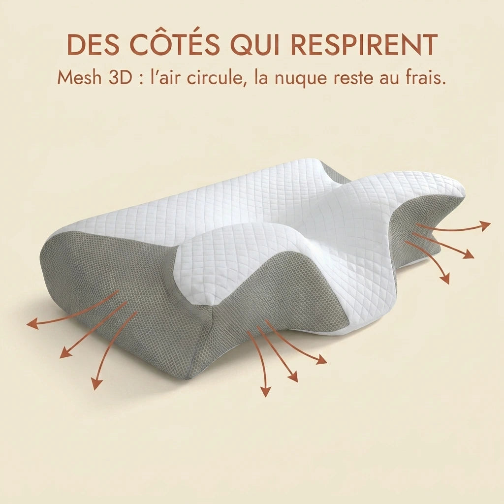 Oreiller cervical à mémoire de forme Velmi, côtés en mesh 3D gris avec flèches montrant la circulation de l'air.