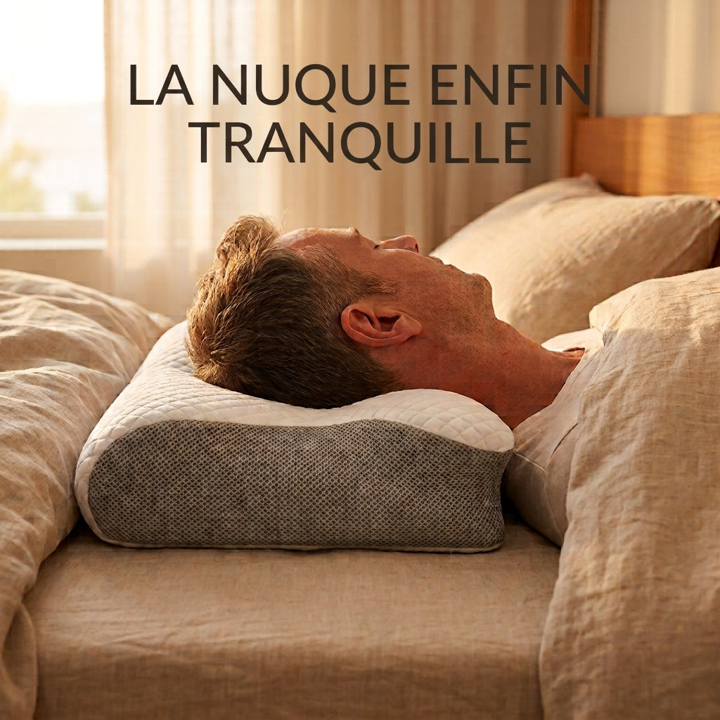 Homme dormant sur le dos, la nuque soutenue par l'oreiller cervical à mémoire de forme Velmi, chambre en lumière douce.
