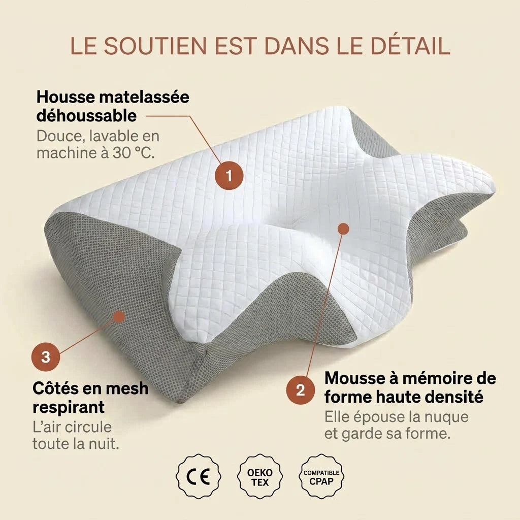Oreiller cervical Velmi en coupe : housse déhoussable, mousse à mémoire de forme haute densité, mesh respirant, certifié CE et OEKO-TEX.