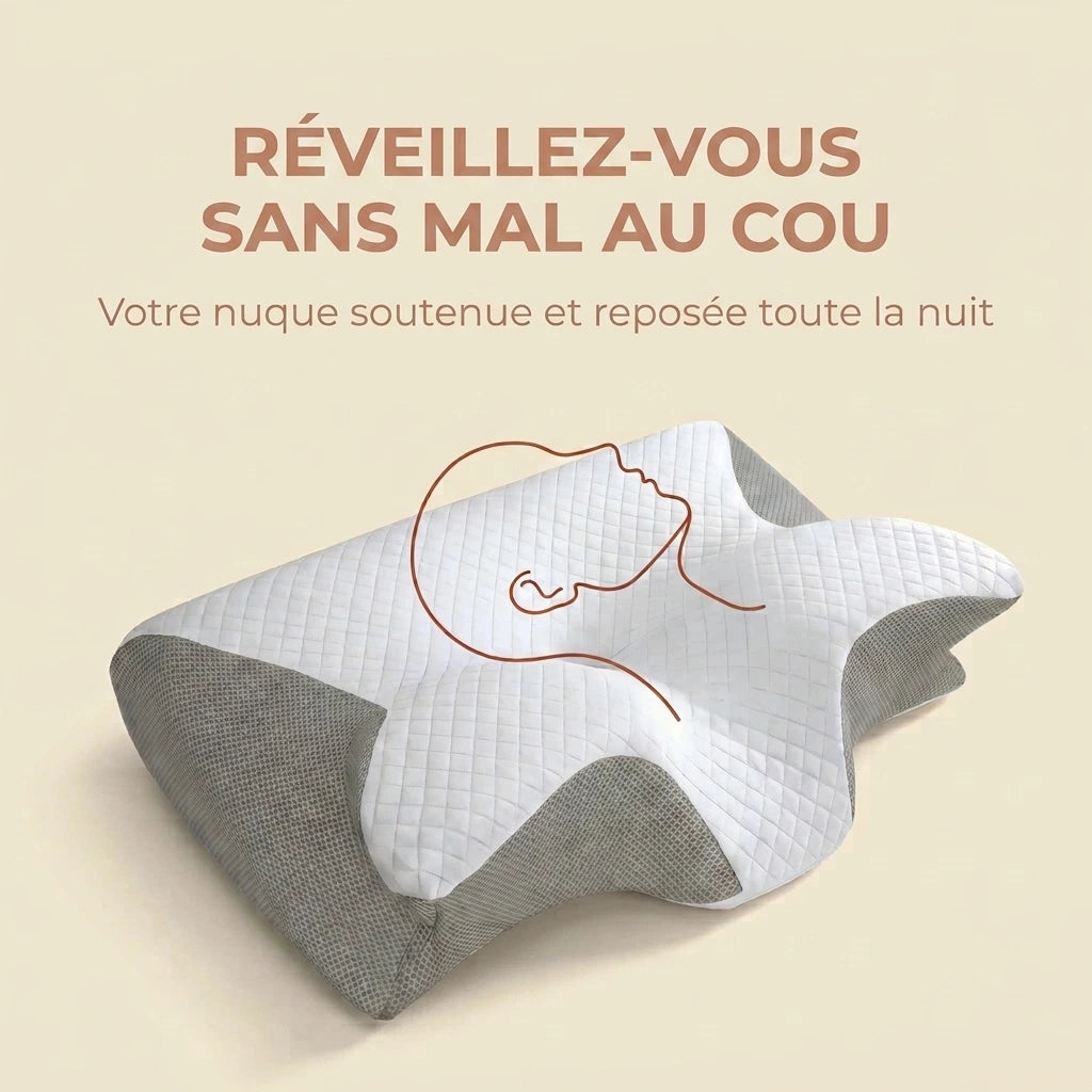 Oreiller cervical à mémoire de forme Velmi avec schéma d'alignement de la tête et de la nuque dans le creux central.